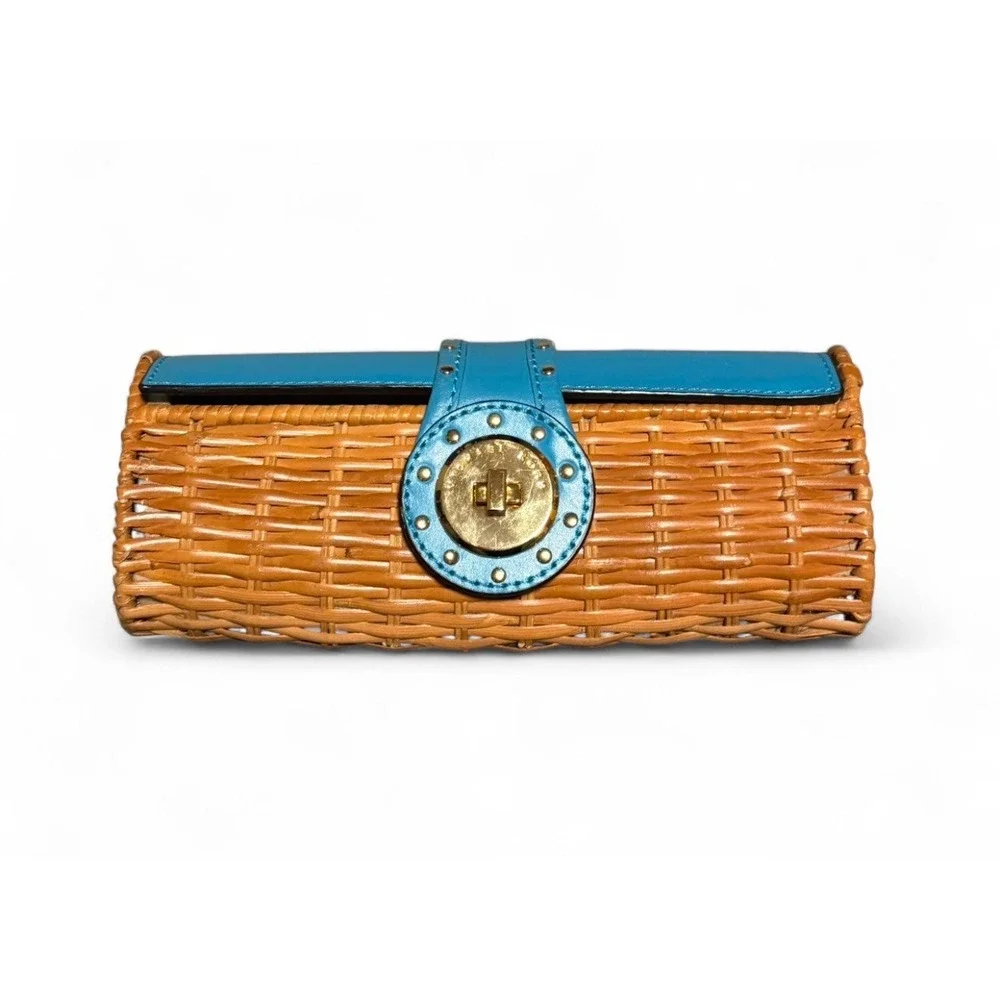 Michael Kors Wicker Straw Clutch Bag Turquoise Blue Leather Gold Turn Lock
